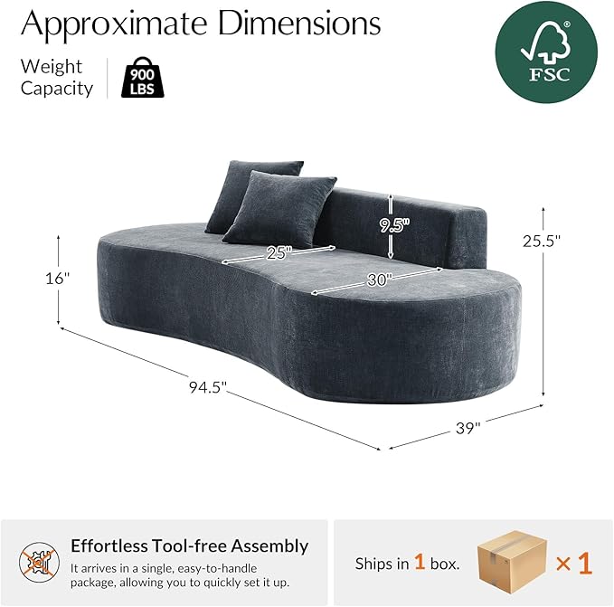 HULALA HOME 94.5 Curved Boneless Couch with Two Pillows Oversized 3 Seater Compressed Foam Sofa with Deep Seat Modern Cloud Couch for Living Room No Assembly Required Blue