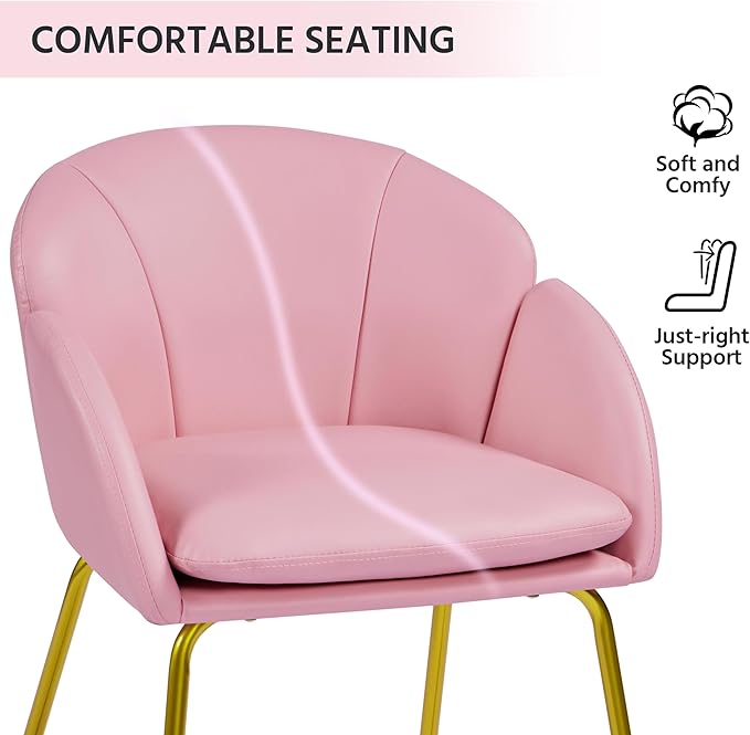 Yaheetech PU Leather Dining Chair Flower Shaped Armchair with Golden Legs Upholstered Side Chair for Kitchen Dining Room Living Room Set of 2 Simple Pink