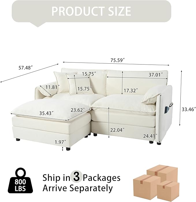 KEIKI 75 Sectional Cloud Couch Sofa L-Shaped Lounge Sofa with Storage &amp Ottoman 3-Seater Convertible Sofas Set W/Pillow Chenille Upholstered Sofabed Indoor for Living Room Bedroom Office Beig