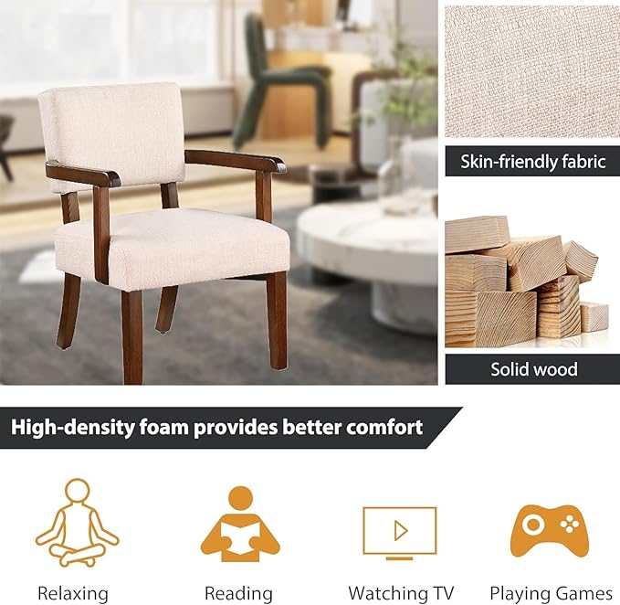 HMFULE 24.25'' Mid Century Accent Chair Set of 2 with Round Wood Table Modern Fabric Arm Chair for Living Room Bedroom Reading Room(Beige)