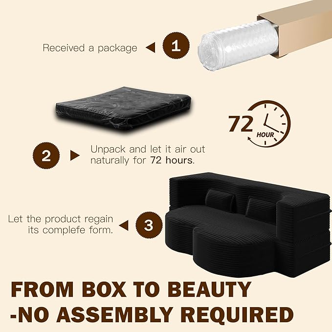 78” Corduroy Floor Sleeper Sofa Bed Modern 2 in 1 Full Size Foldable Mattress with 2 Pillows Convertible Boneless Couch with Deep Seat for Living Room No Assembly Required (Black) | No Assembly Req