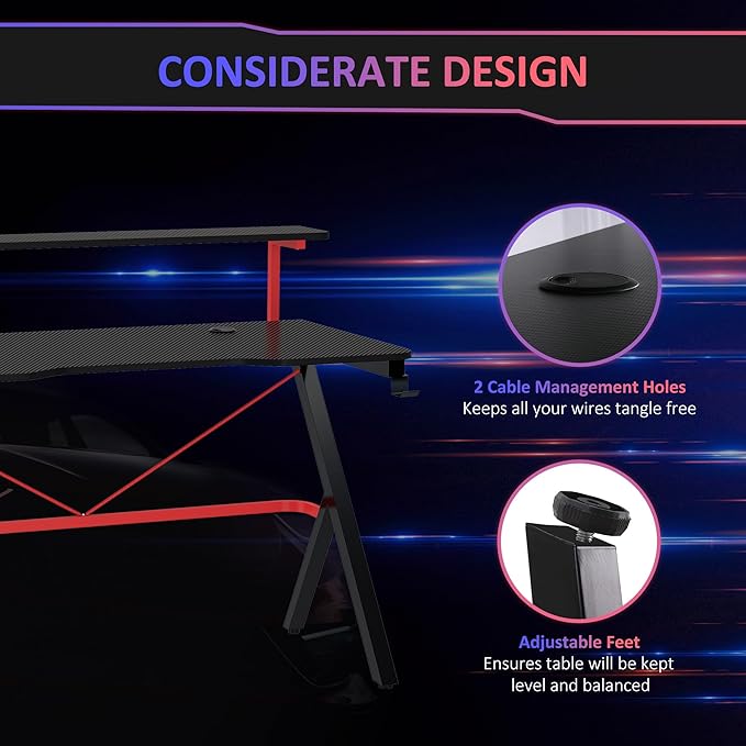 47 Inch Gaming Desk Racing Computer Desk Home Office Workstation with Elevated Monitor Shelf Rotatable Cup Holder Headphone Hook Black
