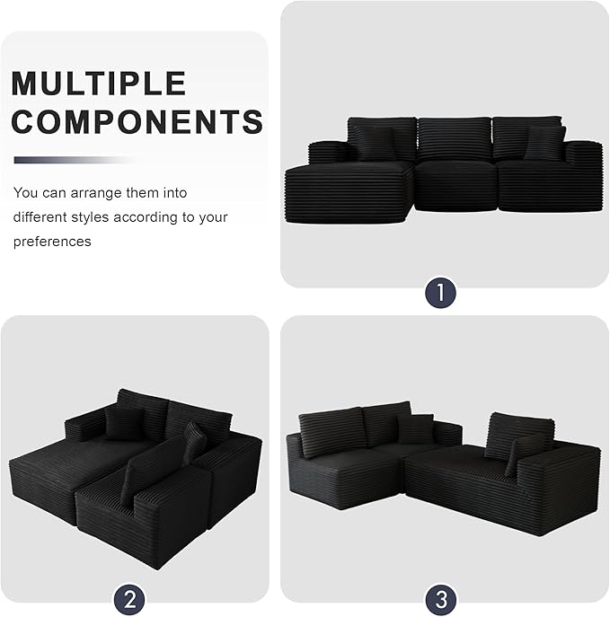 104 Modular Sectional Sofa with L-Shape Chaise Modern Upholstered Cloud Couches for Living Room Bedroom No Assembly Required Black