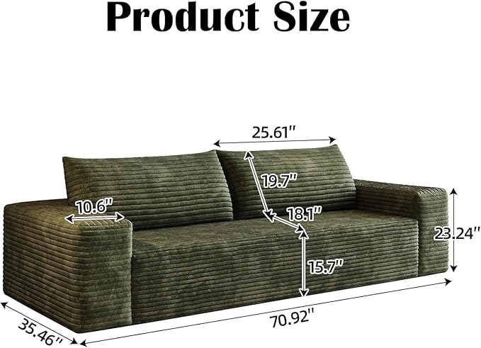 71 Cloud Boneless Loveseat Sofa Couch Bean Bag 3-Seater Couch with Memory Foam Corduroy Comfy Floor Sofa Deep Seat for Living Room Bedroom Apartment No Assembly (Green)