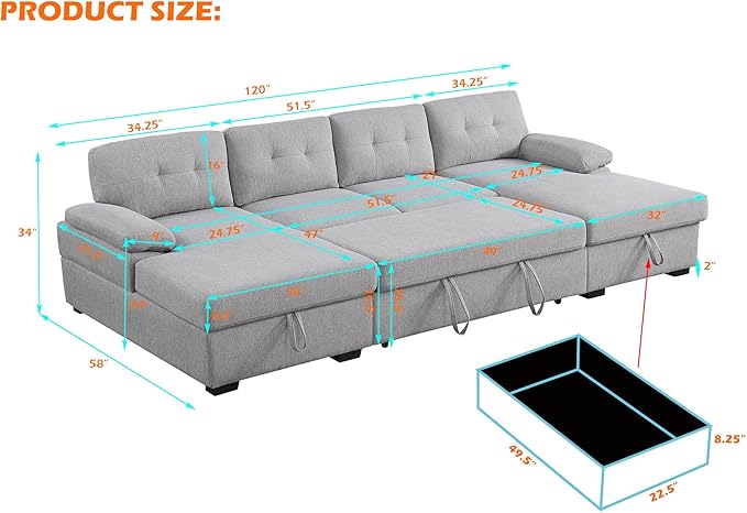 BEEY Sofa Bed 118 Oversized Sleeper Sectional Sofa with Storage Chaise U Shaped Sectional Couch with Pull Out Bed 6 Seater Pull Out Couch Bed for Living Room Bedroom (Light Grey_4 Seater)