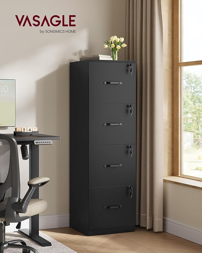 VASAGLE 4-Drawer Vertical File Cabinet Filing Cabinet for Home Office Printer Stand with 4 Lockable Drawers Adjustable Hanging Rail for A4 and Letter-Size Files Ink Black UOFC082B01