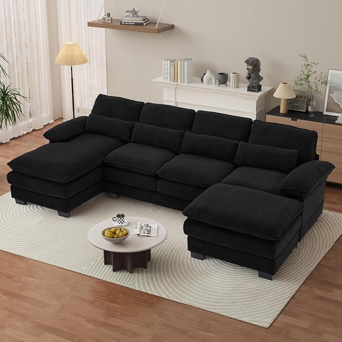 OUYESSIR 114 U Shape Sectional Cloud Couch with OttomanFluffy Sectional Couches for Living Room4 Seater Modular Sectionals SofaComfy Cloud Sofas &amp Couches with 4 PillowsBlack