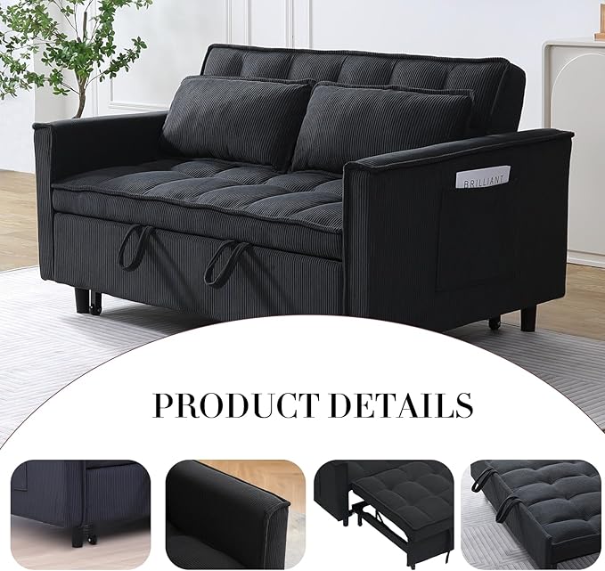 3 in 1 Corduroy Convertible Sofa Bed Pull Out Couch Bed with Reclining Backrest and 2 Pillows 54 Full Size Loveseat Sleeper Sofa Futon Couch Beds Couches for Small Spaces Living Room (Black)