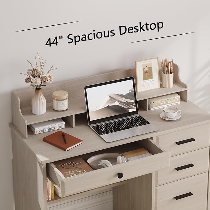 4 EVER WINNER Small Desk with Drawers Computer Desk with File Cabinet &amp Monitor Stand Home Office Desks with Drawers Wood Writing Desk for Bedroom Off White