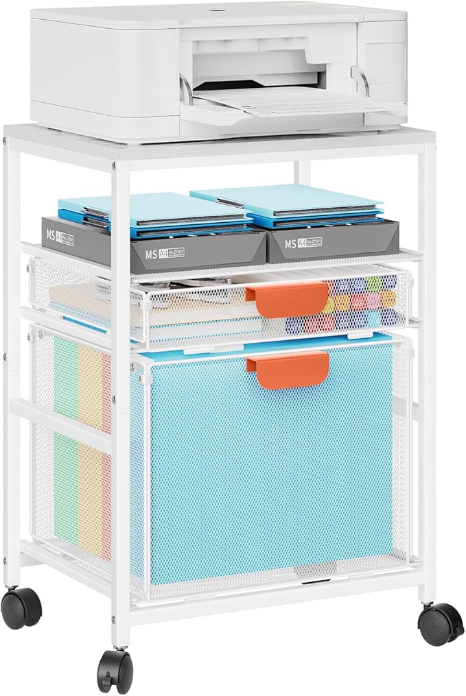 Marbrasse Rolling File Cart with Handle Mobile File Cabinet on Lockable Wheels Office Filing Cabinet Organizer Printer Stand with Hanging File Folder Organizer for Home Office - White