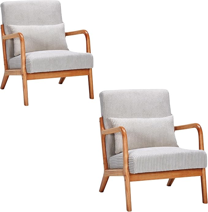 Mid-Century Modern Accent Chair with Solid Wood Frame and Upholstered Pillow - Ergonomic Armchair for Living Room Bedroom and Balcony (Set of 2 Beige)