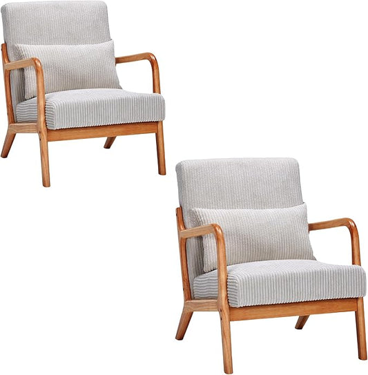 Mid-Century Modern Accent Chair with Solid Wood Frame and Upholstered Pillow - Ergonomic Armchair for Living Room Bedroom and Balcony (Set of 2 Beige)