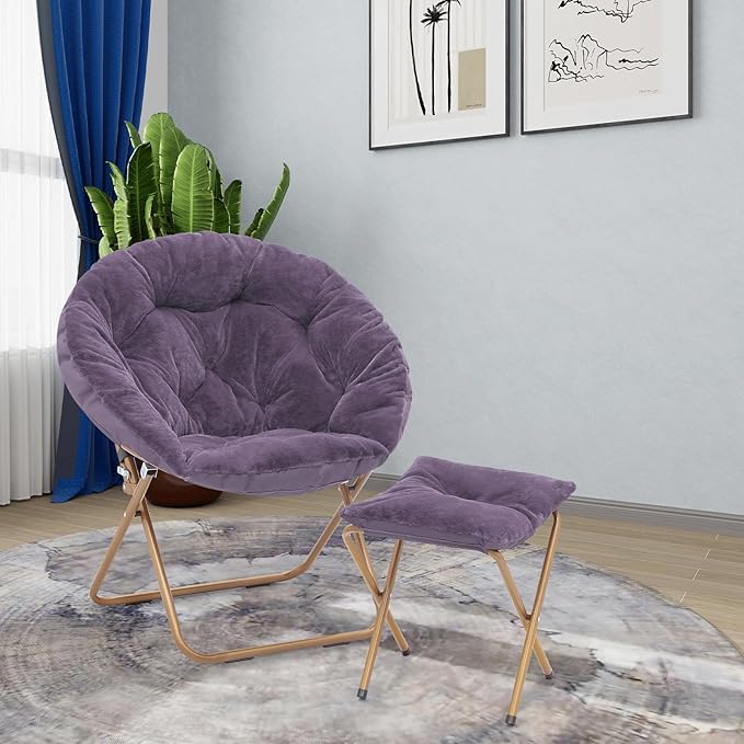 Athena Collection Round Saucer Chair with Ottoman Set for Adults Oversize Comfy Cozy Faux Fur Folding Reading Chair with Metal Leg Lazy Relaxing for Living Room Bedroom Dorm Apartment Purple