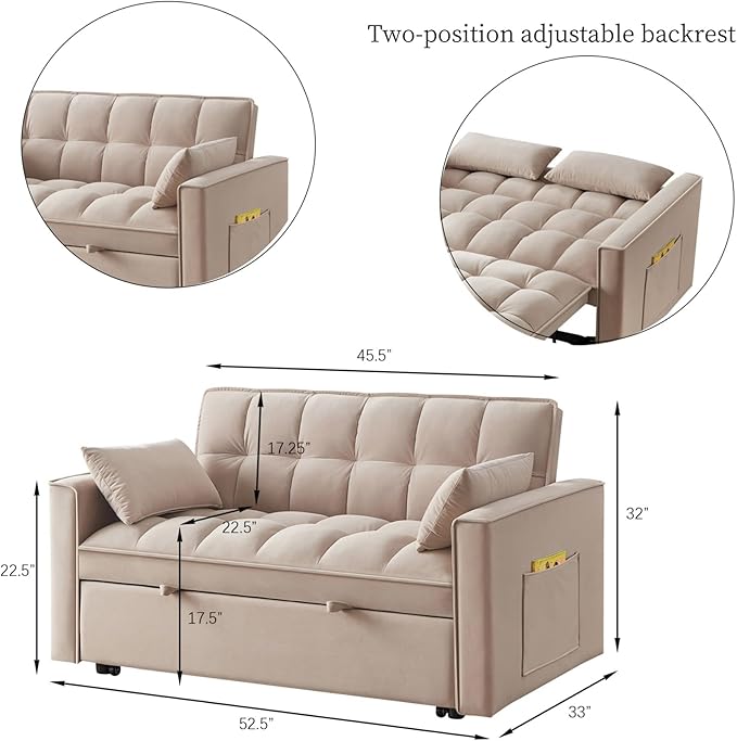 KEIKI Velvet Loveseat Convertible Sofa Bed Sleeper Chair with Adjustable Backrest Pillows &amp Storage Pockets 3 in 1 Pull-Out Couch Chaise Lounge Recliner for Living Room Balcony Bedroom Taupe