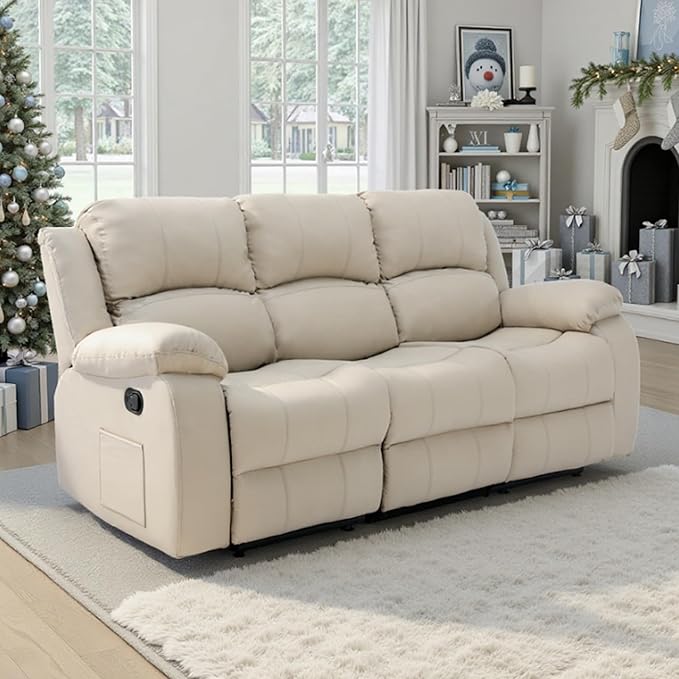 3 Seat Reclining Sofa Leather 3-Seater Manual Reclining Couch with Side Pocket Easy Assembly Reclining Loveseat Sofa for Living Room Meeting Room Bedroom Office Apartment RV