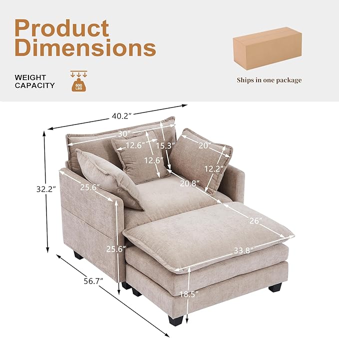 Furniliving Oversized Accent Chairs with Ottoman Luxury Chenille Single Sofa Upholstered Deep Seat Chaise Lounge with Pillows for Living Room Bedroom Apartment Camel