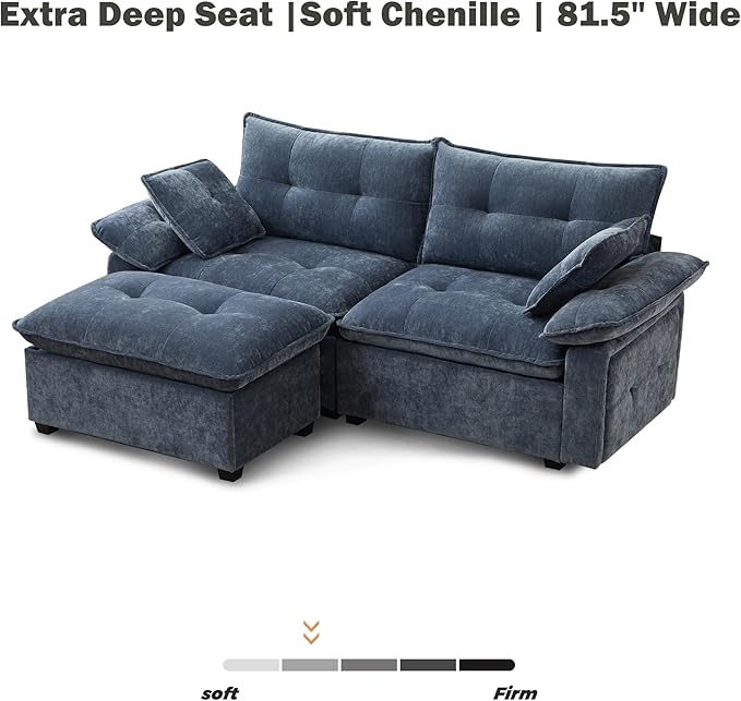 Modular Loveseat Sofa with Ottoman 81.5'' Deep Seat 2-Seater Chenille Couch Comfy L Shaped Convertible Small Sofa for Apartment Living Room Office Soft FabricLoveseat Sofa (Mist Blue)