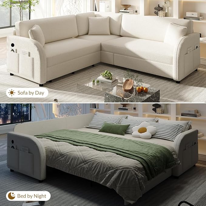 85'' L-Shaped Sectional Sleeper Sofa Bed 5-Seater Pull-Out Couch Bed with Comfy Teddy Fabric USB Ports Modular 3-in-1 Convertible Sleeper Couch for Living Room Apartment Beige | Teddy Upholstered