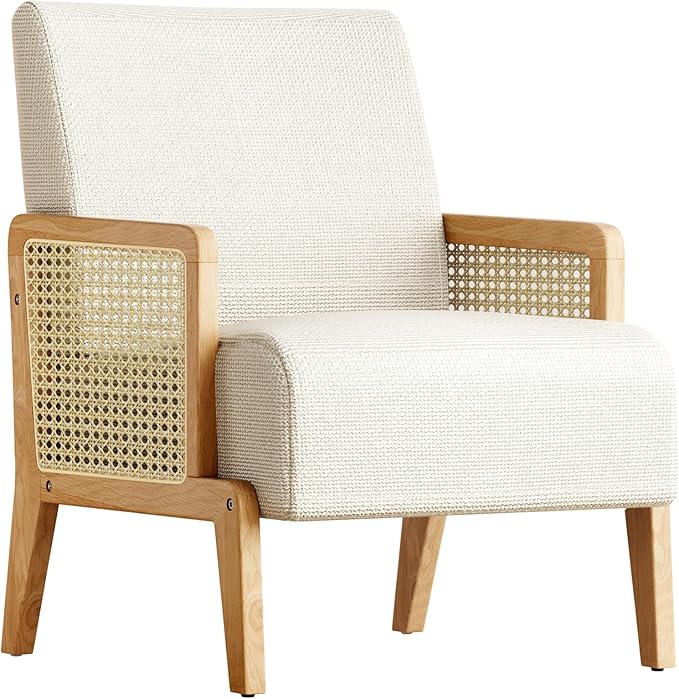Modern Accent Chair with Rattan Armrest Linen Fabric Arm Chair with Ash Wood Legs White Accent Chair for Living Room Bedroom Balcony