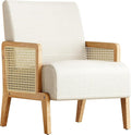 Modern Accent Chair with Rattan Armrest Linen Fabric Arm Chair with Ash Wood Legs White Accent Chair for Living Room Bedroom Balcony