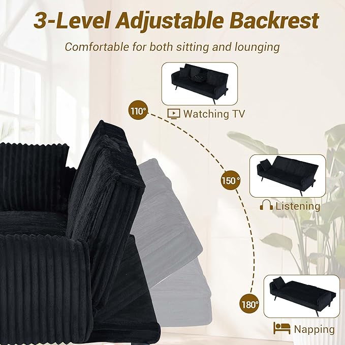 72 Modern Corduroy Sofa Bed FutonConvertible Sleeper Couch Bed with Cup Holder4 Reclining PositionsFolding Sofa Cloud Loveseat for Small Living Room Apartment Office (Black-New)