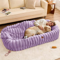 Human Dog Bed for Adult - Luxury Striped Faux Fur Giant Dog Bed with Portable Handle Egg Orthopedic Foam Pad with Thick Blanket 72x40x10 Purple