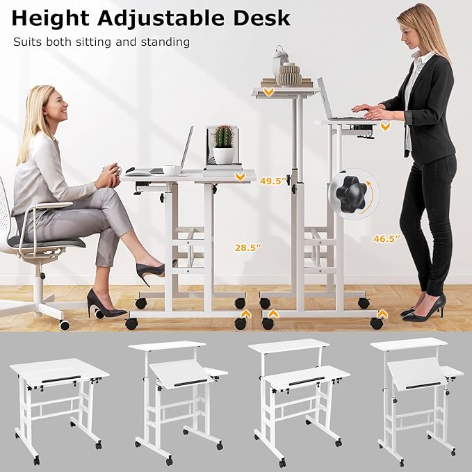 Giantex Mobile Standing Desk Height Adjustable Stand Up Table with Wheels &amp Tilting Tabletop Rolling Laptop Cart Computer Workstation for Standing or Sitting Home Office Sit Stand Desk (White)