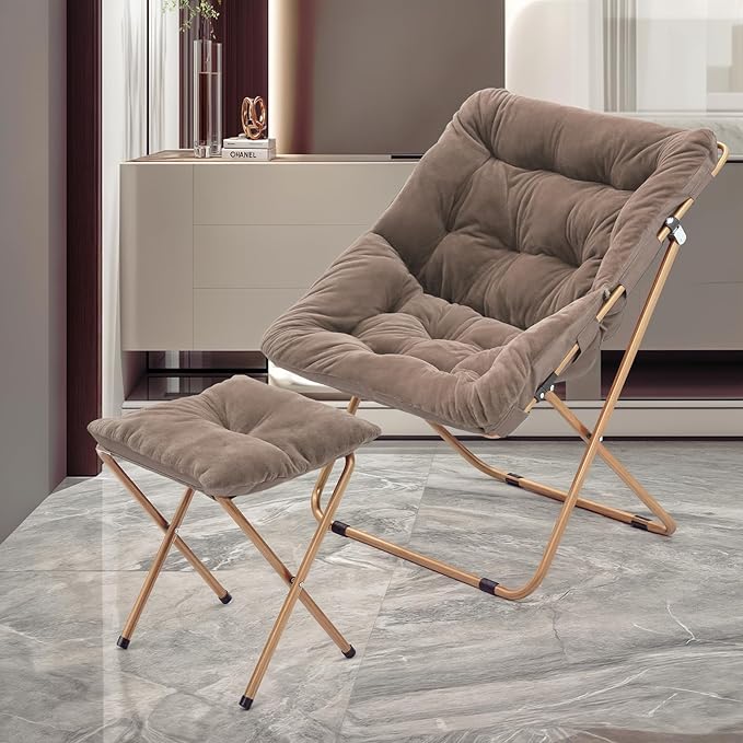 MoNiBloom Square Folding Faux Fur Saucer Chair for Bedroom Living Room Dorm Foldable Metal Frame Oversized Large Comfy Furry Padded Soft Cozy Moon Chair with Footrest Ottoman for Adults (Beige 2 Set)
