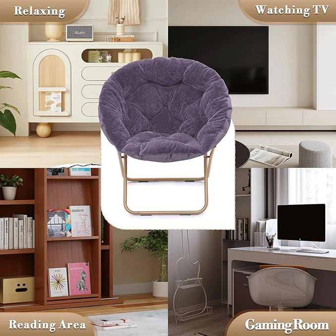 Athena Collection Round Saucer Chair with Ottoman Set for Adults Oversize Comfy Cozy Faux Fur Folding Reading Chair with Metal Leg Lazy Relaxing for Living Room Bedroom Dorm Apartment Purple