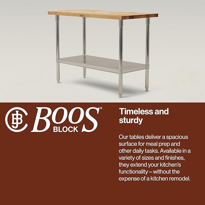 John Boos Maple Wood Top Work Table 48”x24”x36” – 1.5” Thick Tabletop 86-lb Kitchen Station with Wooden Edge-Grain Table &amp Steel Base &amp Adjustable Shelf