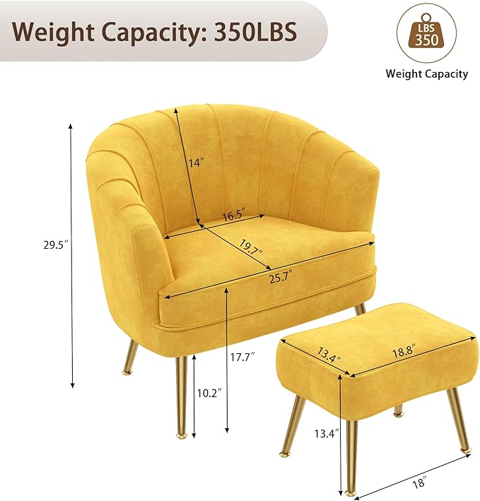 Andeworld Velvet Accent Chair with Ottoman Upholstered Modern Single Sofa Side ChairComfy Barrel Club Living Room Armchair with Golden Metal Legs for Bedroom Living Reading Room Office Yellow