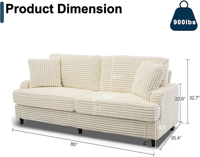 80 Inch Sofa Couch Comfy Love Seat Couches for Living Room Mid Century Modern Oversized Two Seater Couch Plush Corduroy Deep Seat Sofas for Bedroom Small Space Apartment Beige