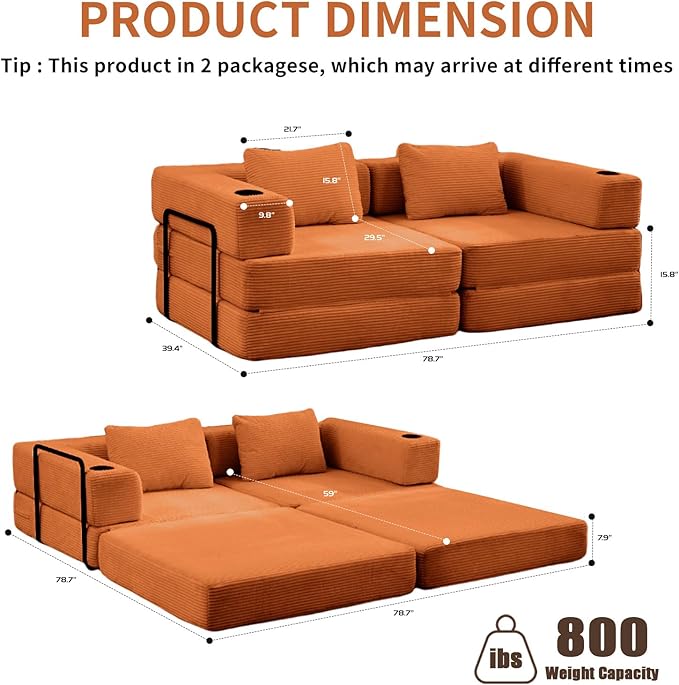 78 Loveseat Sleeper Sofa 4 in 1 Convertible Floor Sofa Bed Boneless Cloud Couch with Cup Holder Fold Out Floor Couch for Living Room Bedroom Lounge Corduroy Orange
