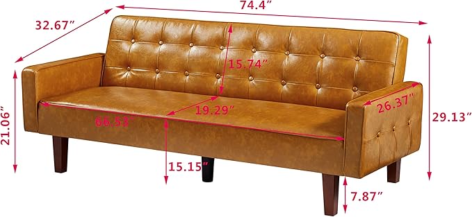 74.4 Faux Leather Couch Bed Sofa Bed Small Space Sleeper Couch with Adjustable Backrest Mid Century Modern Couches for Small Living Room Office Bedroom Apartment (Brown)