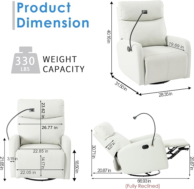 Swivel Rocker ReclinerNursery Glider ReclinerUpholstered Rocking Recliner Chair with Phone Holder PU Rocking Reclining Sofa for Living Room Gray (360°Swivel)
