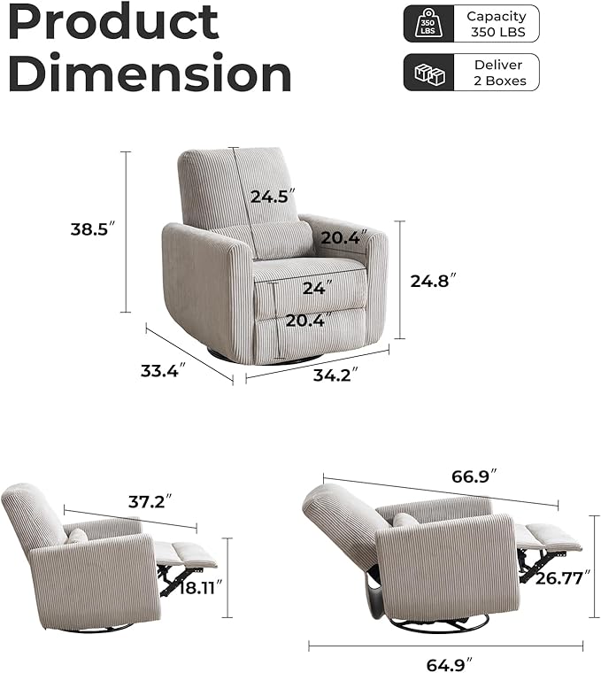 360° Swivel Glider Recliner Chair Oversized Rocker Recliner with Heating and Massage Glider Chair for Nursery with Pillow24 Extra Wide Rocking Chair for Living Room Corduroy Grey