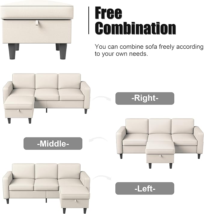ZeeFu Couch for Living Room - 78'' Beige Linen 3 Seat L-Shaped Sectional Sofa Couches with Storage Ottoman - Modern Small Space Upholstered Furniture Sofa Set for Office Small Space Apartment