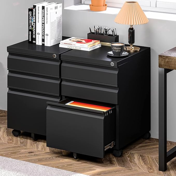 Yizosh 3 Drawer Mobile File Cabinet with Lock Black Under Desk Rolling Filing Cabinet Metal Locking File Cabinet on Wheels for Legal/Letter/A4 File (Required Assemble)