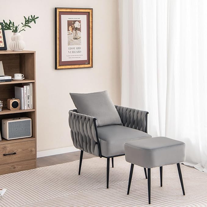 Giantex Velvet Accent Chair with Ottoman Modern Comfy Arm Chair w/Solid Metal Frame Pillow Max Load 330 Lbs Upholstered Single Sofa Chair w/Footrest Reading Chair for Bedroom Living Room Grey