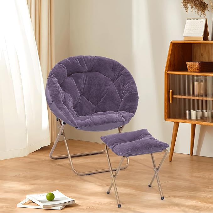 Cozy Saucer Chair Living Room Chair Faux Fur Soft Thick Padded Folding Chair Comfortable Moon Chair for Living Room Bedroom Reading Nook Modern Style 2 Pack Purple