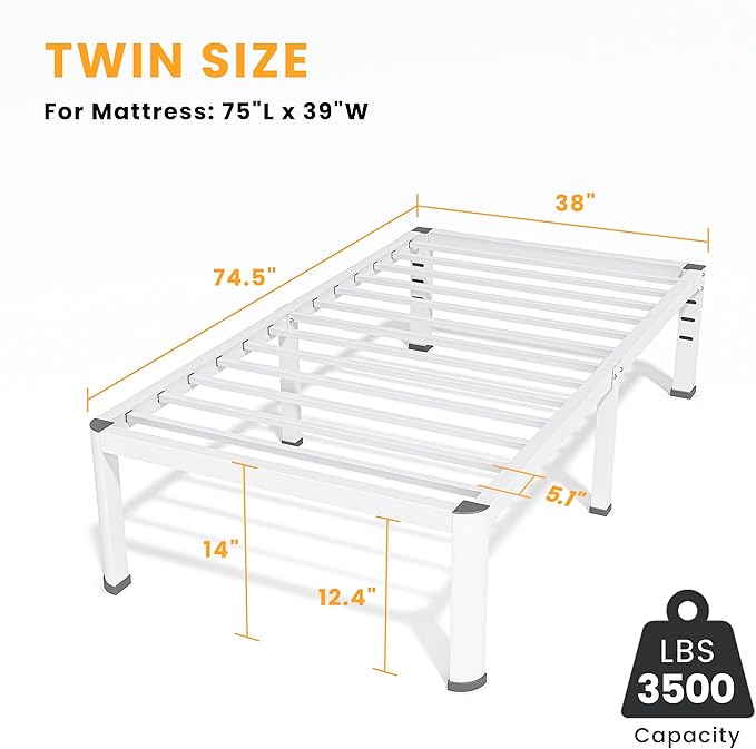 14 Inch Twin Bed Frame Metal Platform Bed Frame with Round Corner Legs 3500 lbs Heavy Duty Steel Slats Support No Box Spring Needed Noise Free Easy Assembly White
