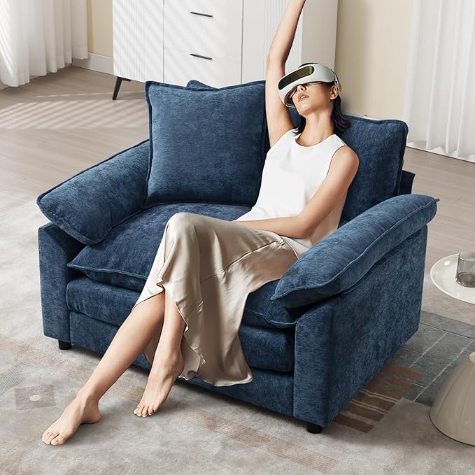 Modern Oversized Chair Set of 2 Comfy Chenille Accent Chair Large Upholstered Armchair with Extra Thick and Deep Seat Lounge Chair for Living RoomBedroomApartment (Blue)