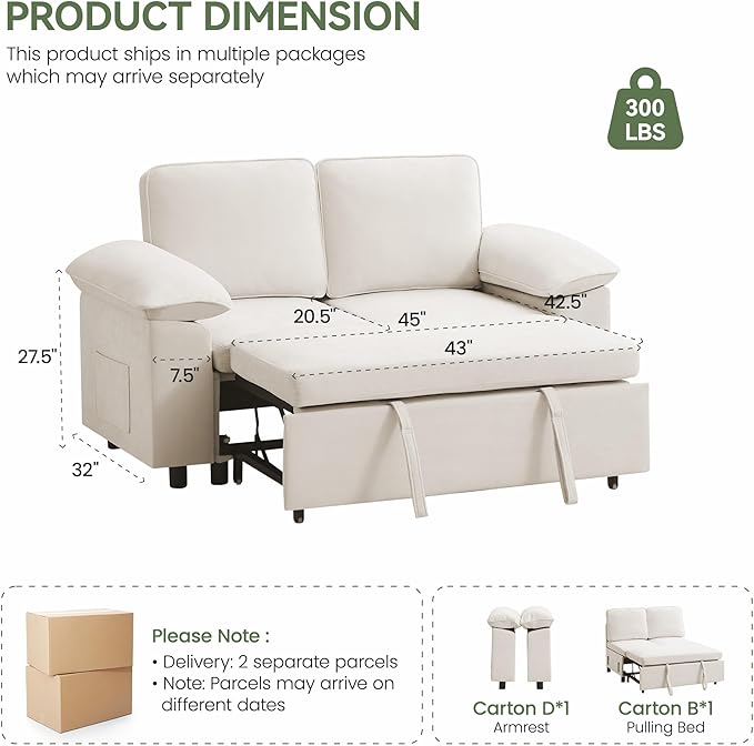 60 Modular Sectional Loveseat Couch with Pull Out Bed Modern 2 Seater Sleeper Convertible Sofa Bed Chenille Sectional Love seat Couches for Living Room Bedroom Office Small ApartmentBeige