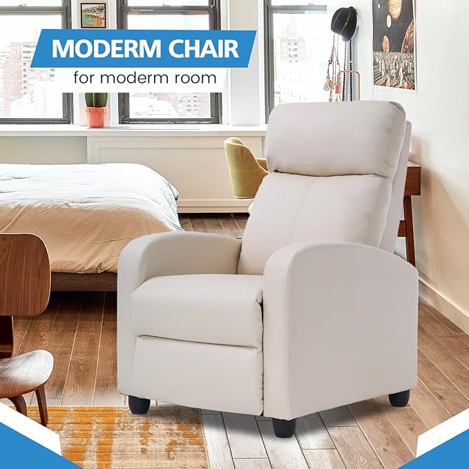Recliner Chair for Adults Living Room Chairs Reading Chair with Fabric Padded Seat Backrest Modern Reclining Easy Lounge Bedroom Chair Recliner Chair for Bedroom (Beige)