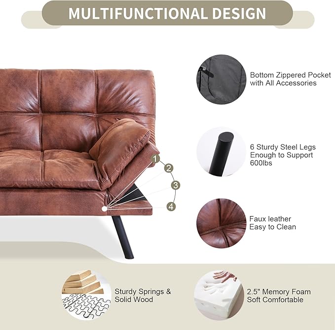 MUUEGM 71 Futon Couch Filled with Memory Foam Convertible Futon Sofa Bed with Adjustable Backrest Armrest Folding for Living Room Small Space Loveseat for Sleeper(Leather Brown)