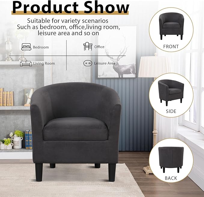 INZOY Modern Accent Chair with Ottoman for Small Space Club Chair with Ottoman Set Comfy Fabric Barrel Reading Chairs for Living Room Bedroom Round Reading Chair with Foot Rest Dark Grey