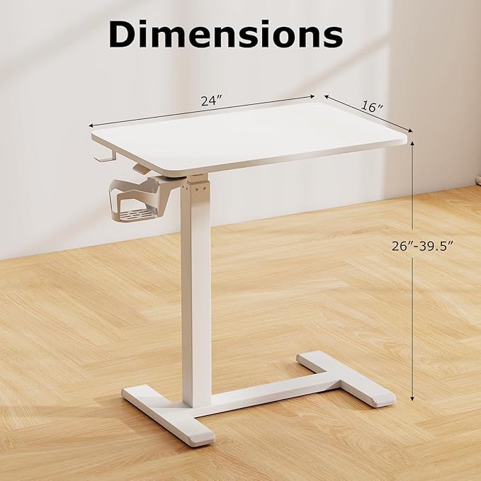 Tangkula Mobile Standing Desk Pneumatic Height Adjustable Rolling Desk with Cup Holder &amp Headphone Hook Overbed Table with Hidden Wheels Laptop Computer Cart for Couch Home Office (White)