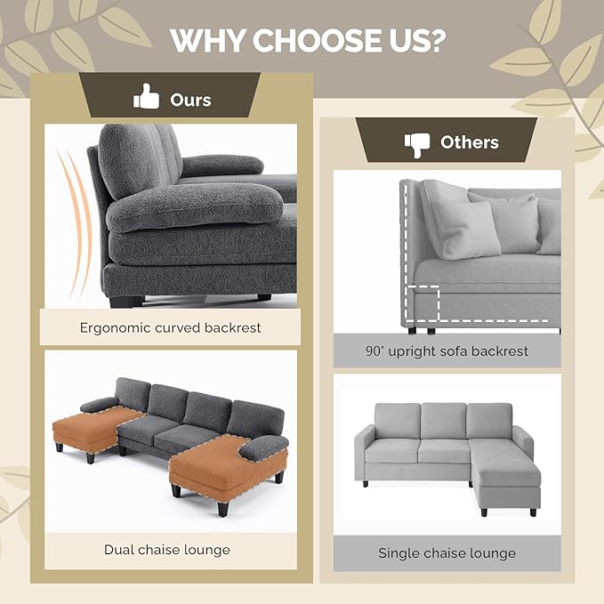 VINGLI 110' U-Shaped Sectional Couch with Two Chaise Affordable Small Sofa with 4 Seats Chenille Fabric Comfy Couches for Living Room Dark Grey