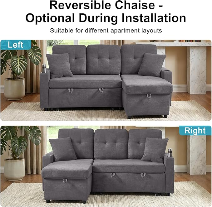 82 L Shaped Sleeper Sofa Bed: Sectional Sleeper Couch with Pull Out Bed Storage Chaise USB Charging &amp Cup Holder 3 Seat Sectional Sofa Bed with Throw Pillow (Terry Cloth - Grey)
