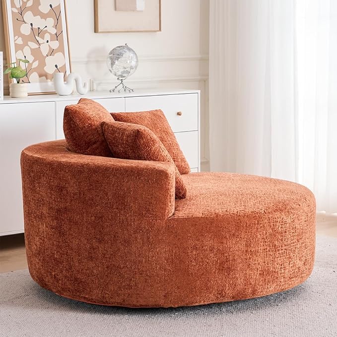 54.3″ Round Swivel Couch Plush Chenille Deep Seat Cozy Reading Chair XL Modern Oversized Swivel Accent Barrel Chair for Living Room Bedroom Lounging (Orange)